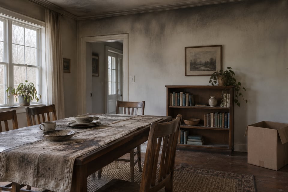 Illustrative smoke-affected dining room with dishes, fabric and books still in place