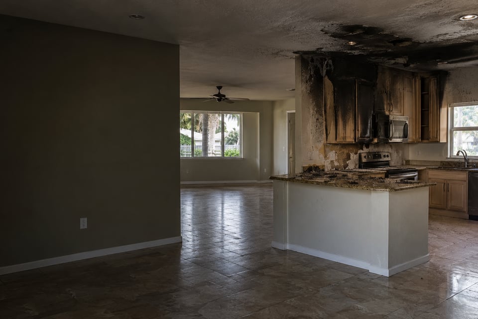 Illustrative fire-damaged kitchen with soot-darkened cabinets and an adjoining tiled room